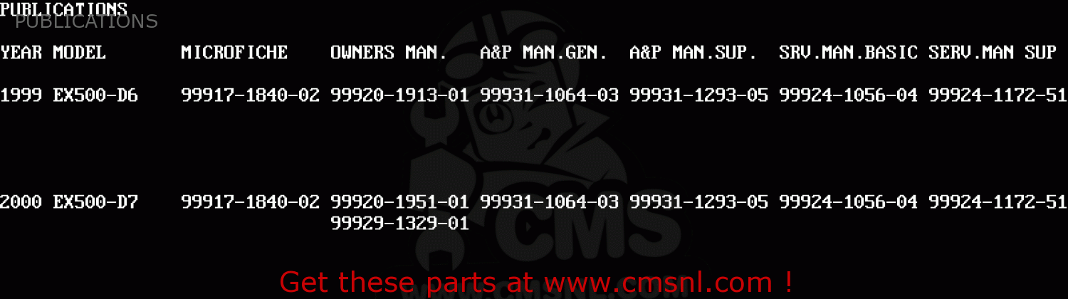 PUBLICATIONS EX500D6 NINJA 500 1999 USA CALIFORNIA CANADA