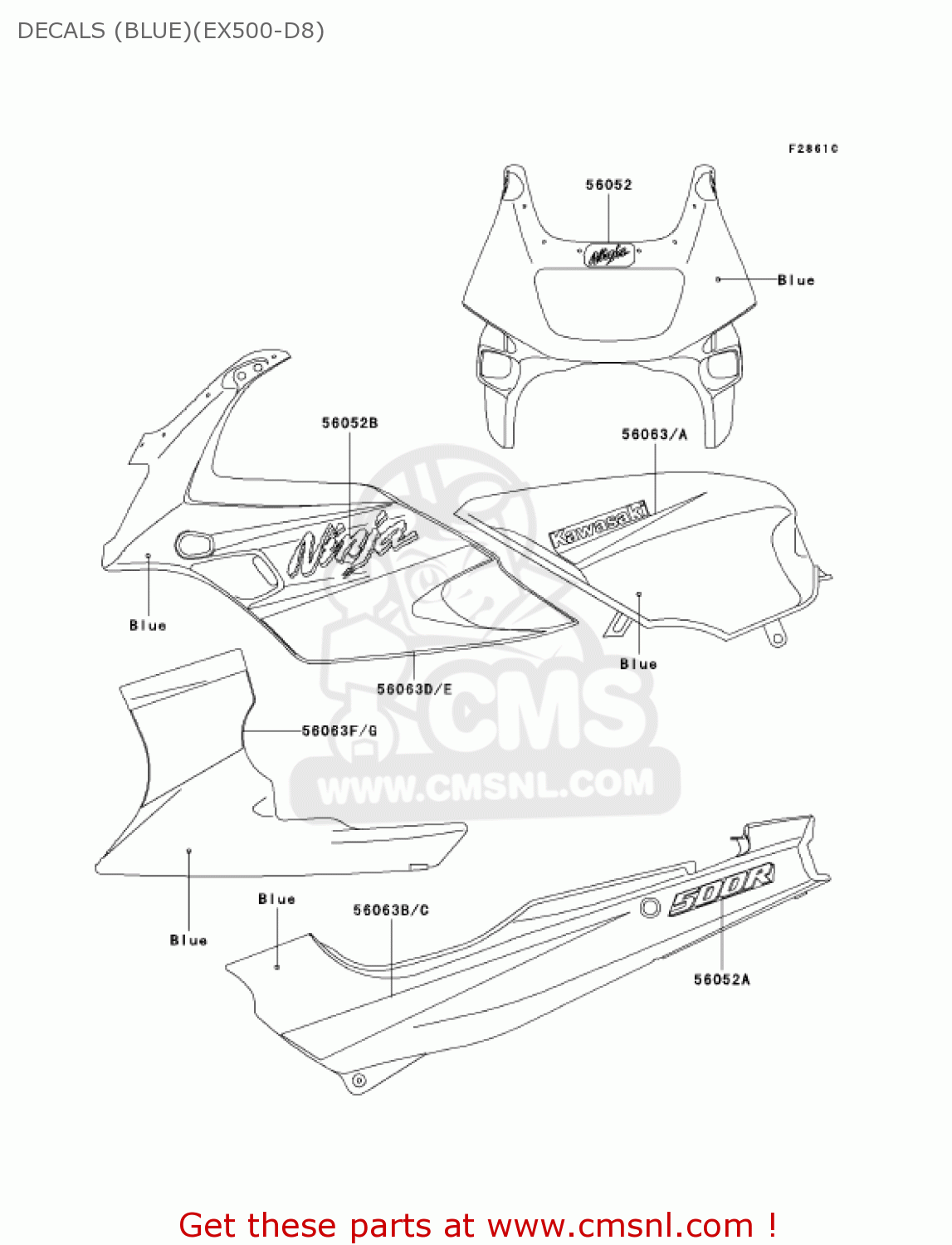 DECALS (BLUE)(EX500-D8) EX500D8 NINJA 500R 2001 USA CALIFORNIA CANADA