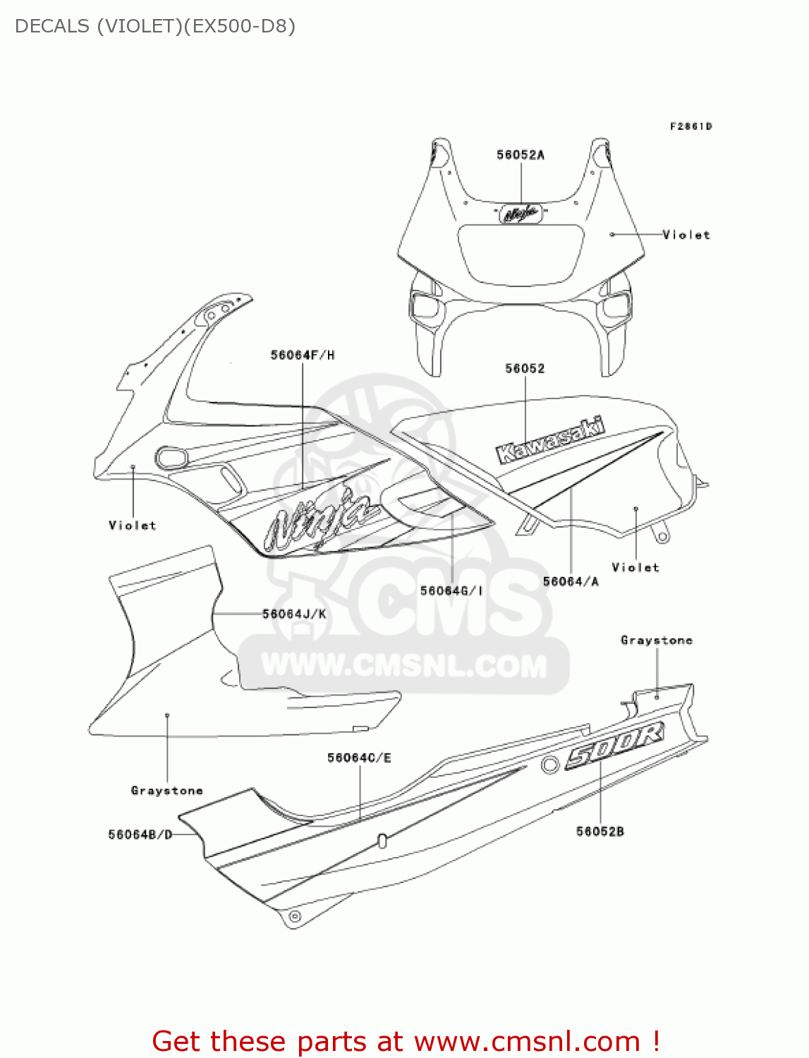 DECALS (VIOLET)(EX500-D8) EX500D8 NINJA 500R 2001 USA CALIFORNIA CANADA