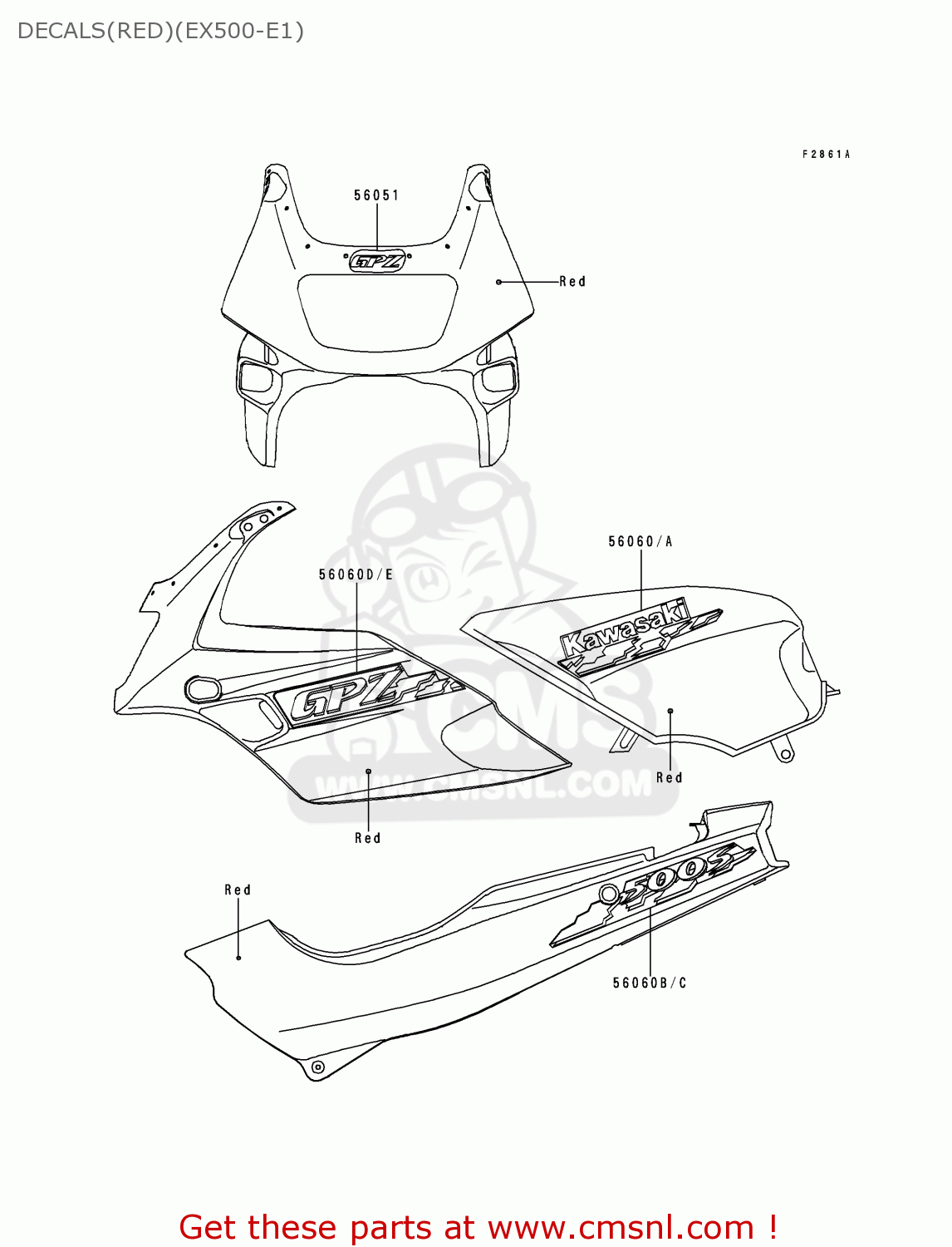 DECALS(RED)(EX500-E1) EX500E1 GPZ500S 1994 EUROPE FR NL FG GR IT NR SP