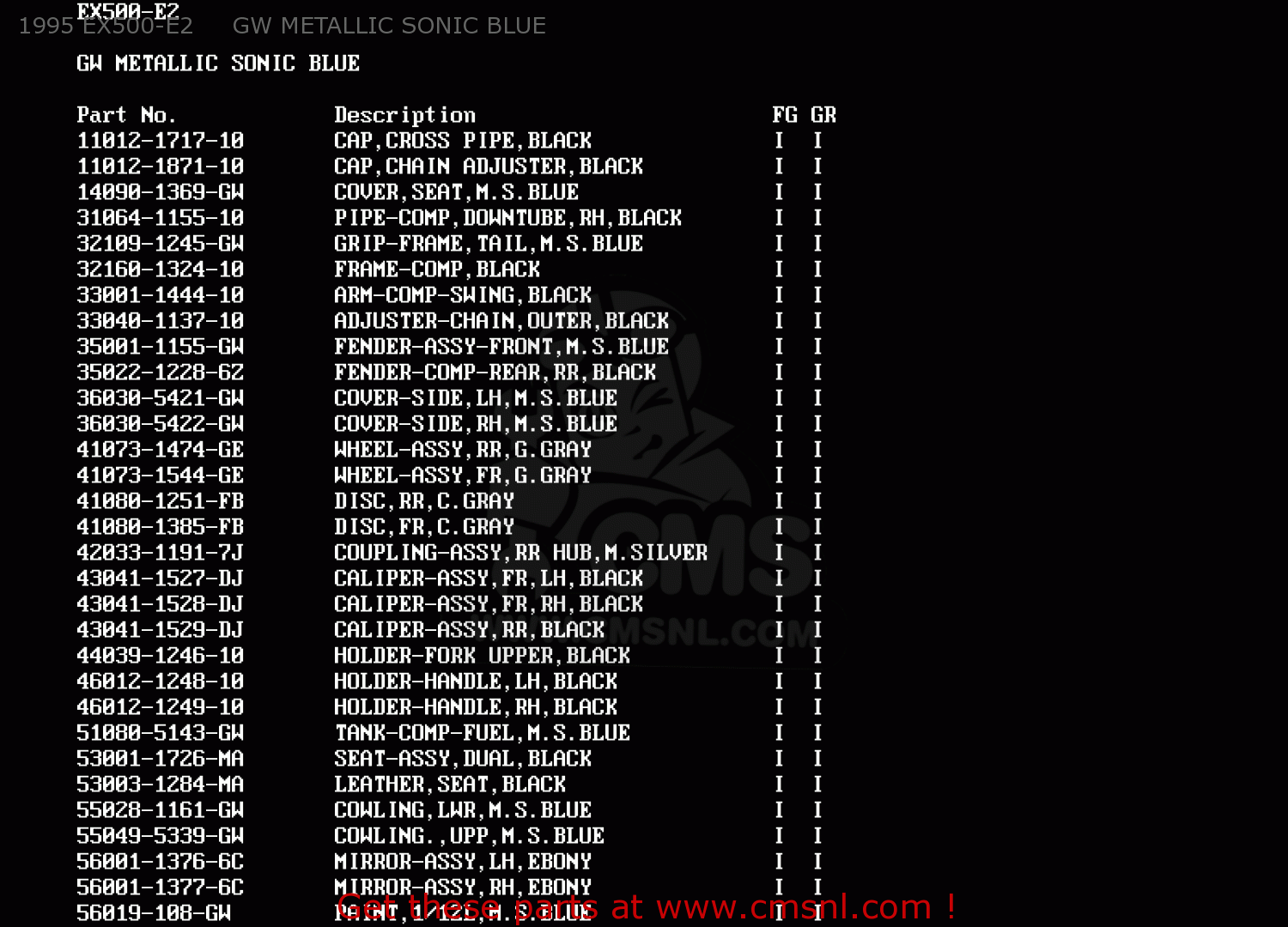1995 EX500-E2     GW METALLIC SONIC BLUE EX500E2 GPZ500S 1995 EUROPE FR NL FG GR IT NR SP