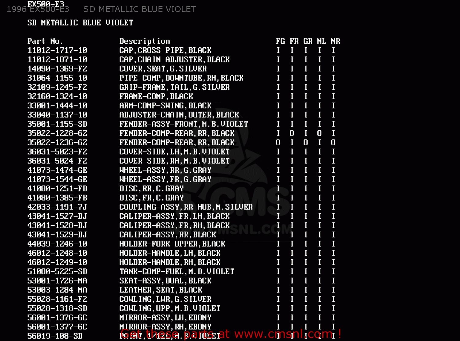 1996 EX500-E3     SD METALLIC BLUE VIOLET EX500E2 GPZ500S 1995 EUROPE FR NL FG GR IT NR SP