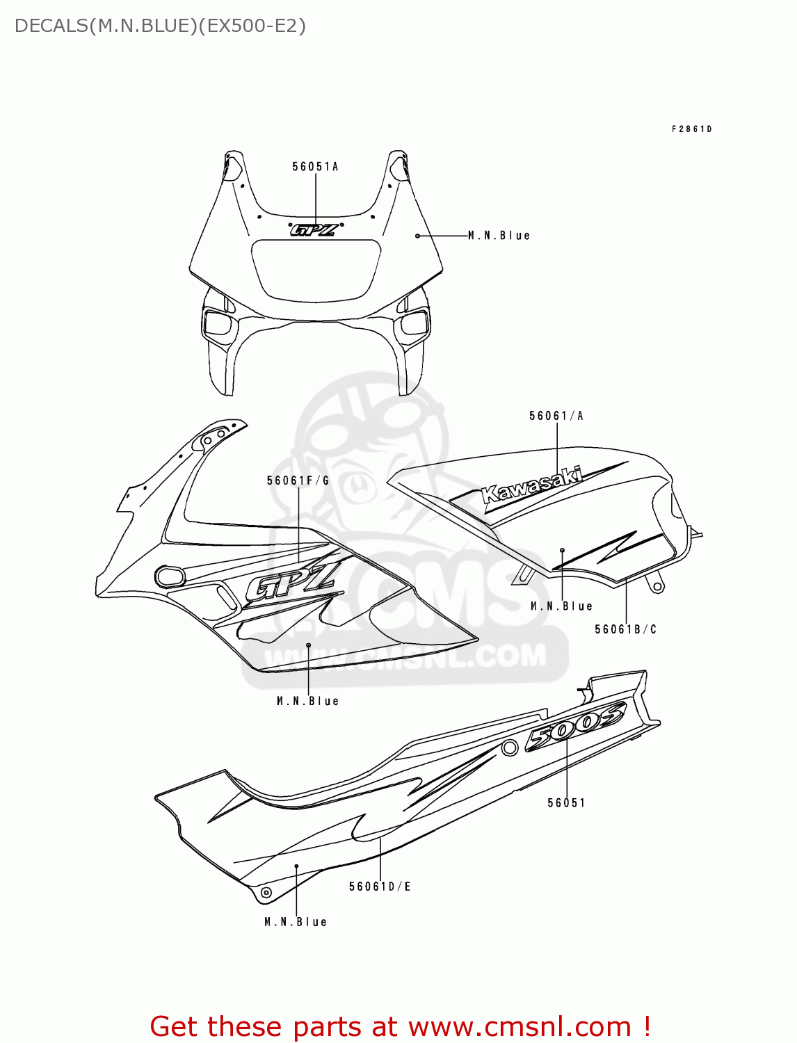 DECALS(M.N.BLUE)(EX500-E2) EX500E2 GPZ500S 1995 EUROPE FR NL FG GR IT NR SP