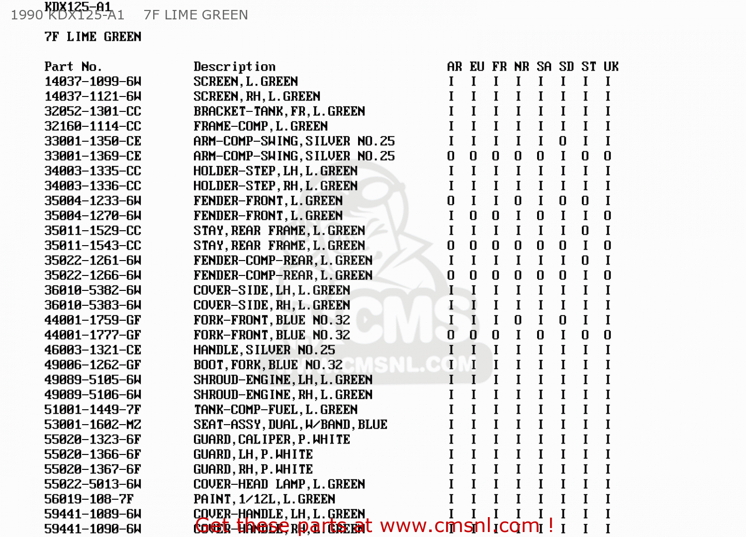1990 KDX125-A1    7F LIME GREEN KDX125-A1 1990 EUROPE UK FR AR NR SA SD ST