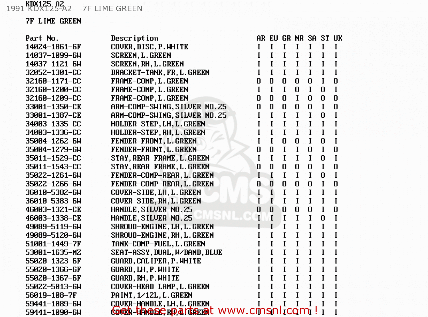 1991 KDX125-A2    7F LIME GREEN KDX125-A1 1990 EUROPE UK FR AR NR SA SD ST
