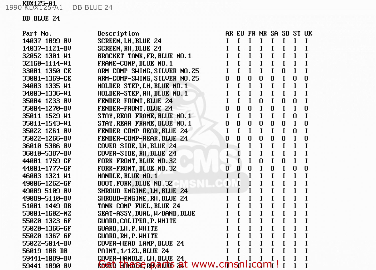 1990 KDX125-A1    DB BLUE 24 KDX125-A2 1991 EUROPE UK AR GR NR SA ST