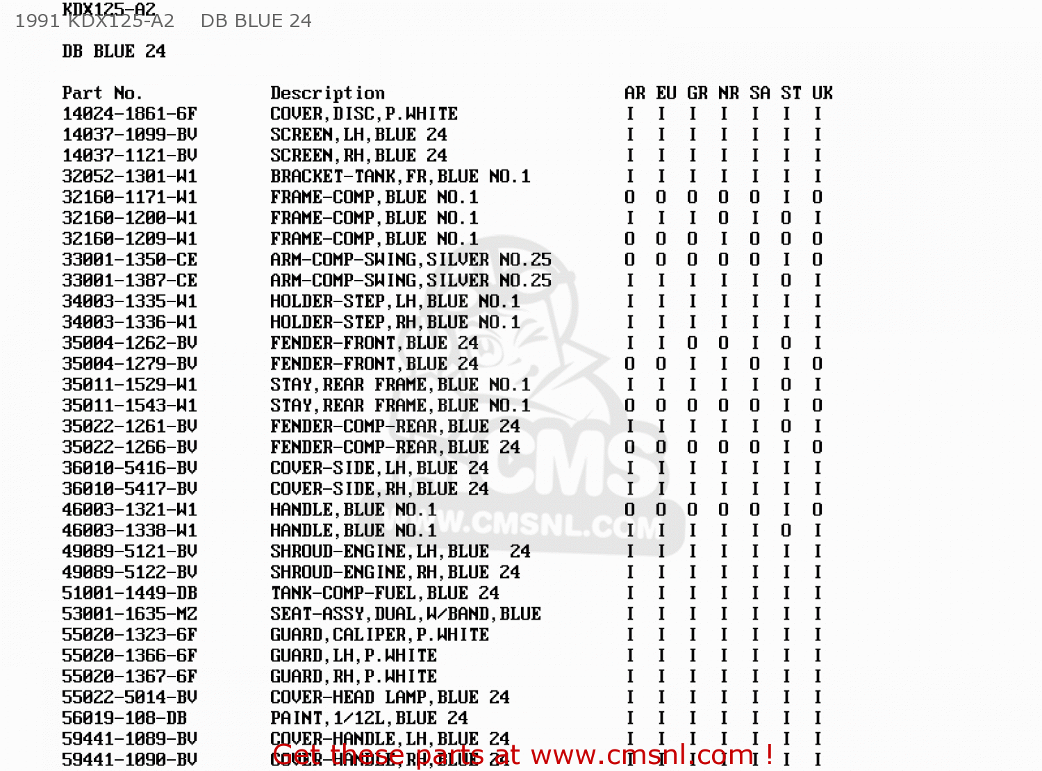 1991 KDX125-A2    DB BLUE 24 KDX125-A2 1991 EUROPE UK AR GR NR SA ST