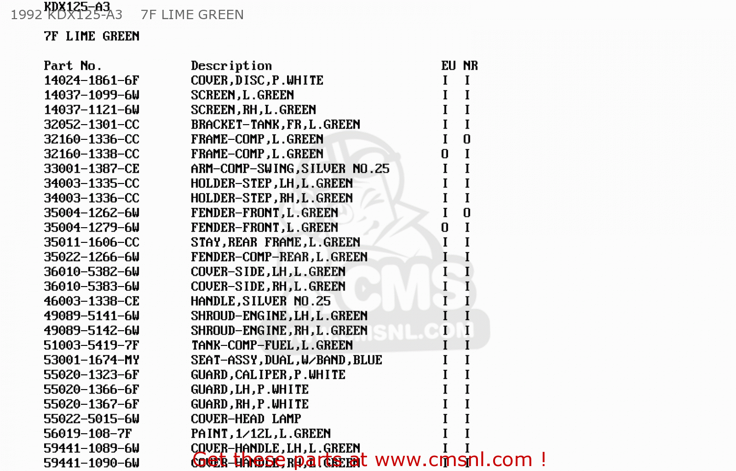 1992 KDX125-A3    7F LIME GREEN KDX125-A4 KDX125SR 1993 EUROPE NR