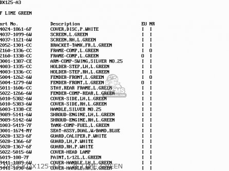 1992 KDX125-A3    7F LIME GREEN - KDX125-A4 KDX125SR 1993 EUROPE NR