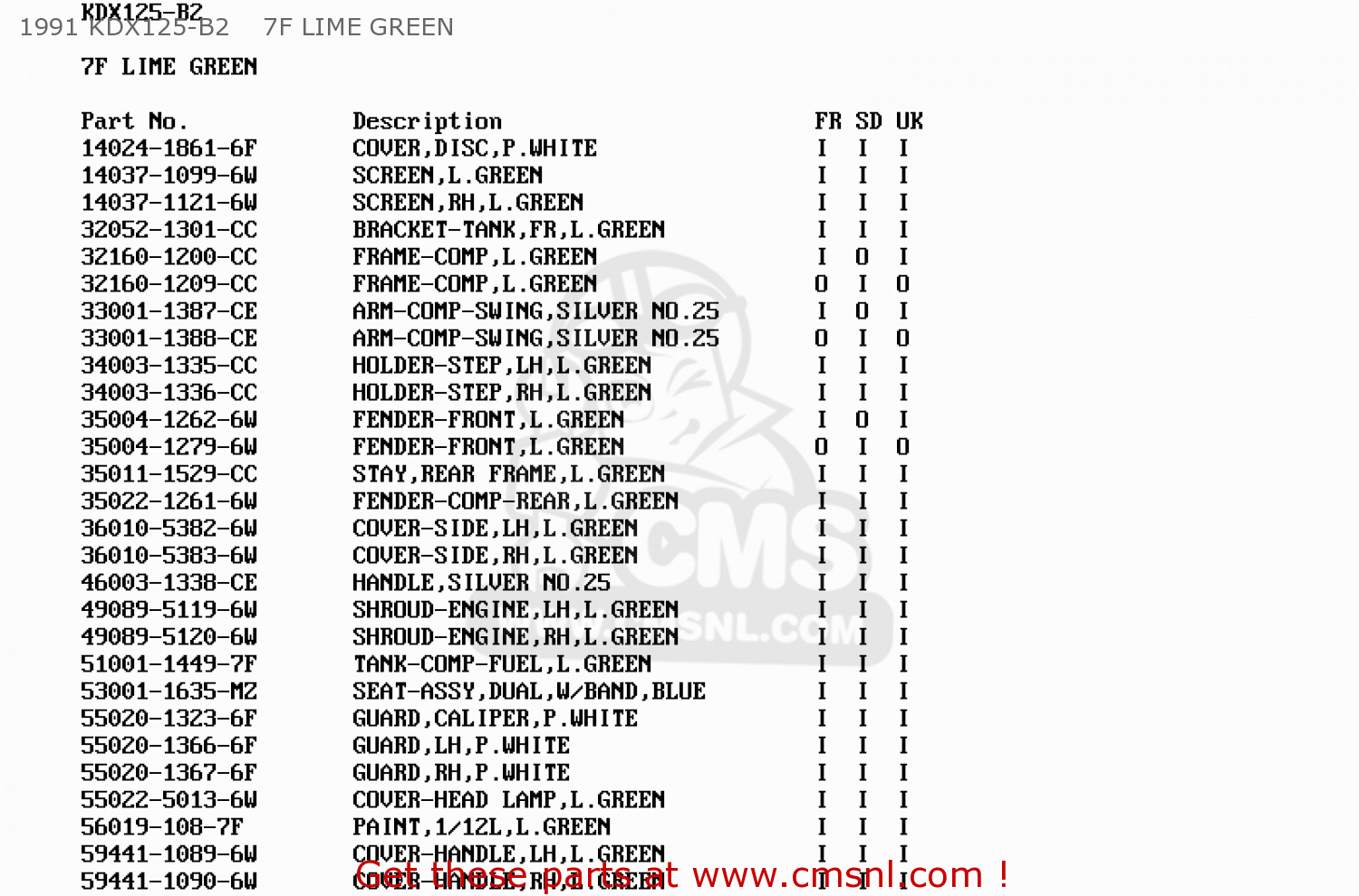 1991 KDX125-B2    7F LIME GREEN KDX125-B1 KDX125SR 1990 UNITED KINGDOM FR