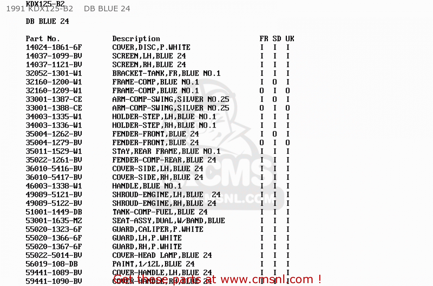 1991 KDX125-B2    DB BLUE 24 KDX125-B1 KDX125SR 1990 UNITED KINGDOM FR