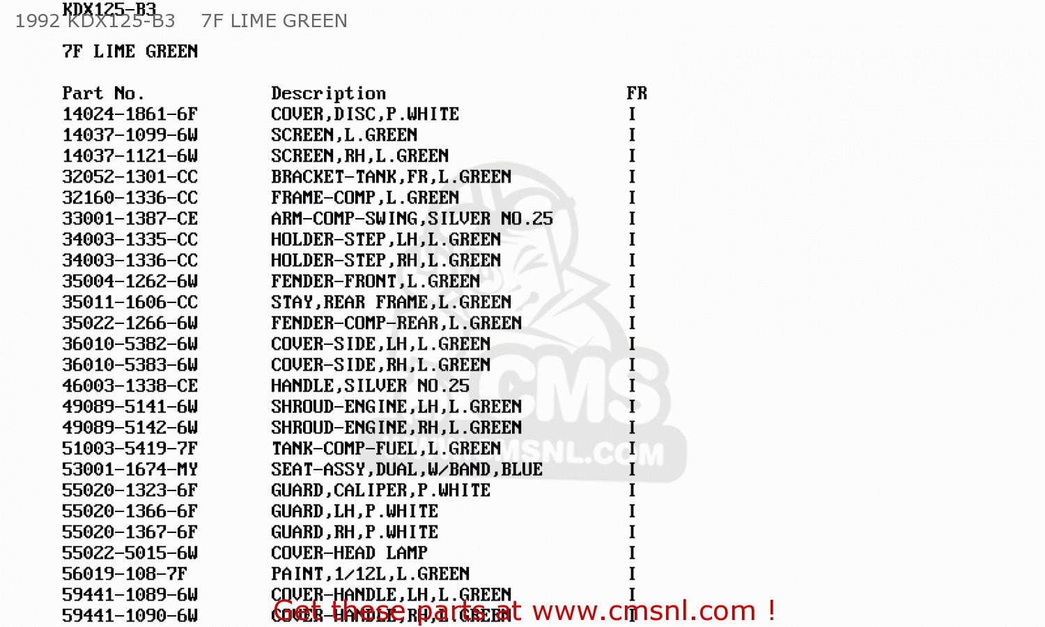 1992 KDX125-B3    7F LIME GREEN KDX125-B4 KDX125SR 1993 FRANCE