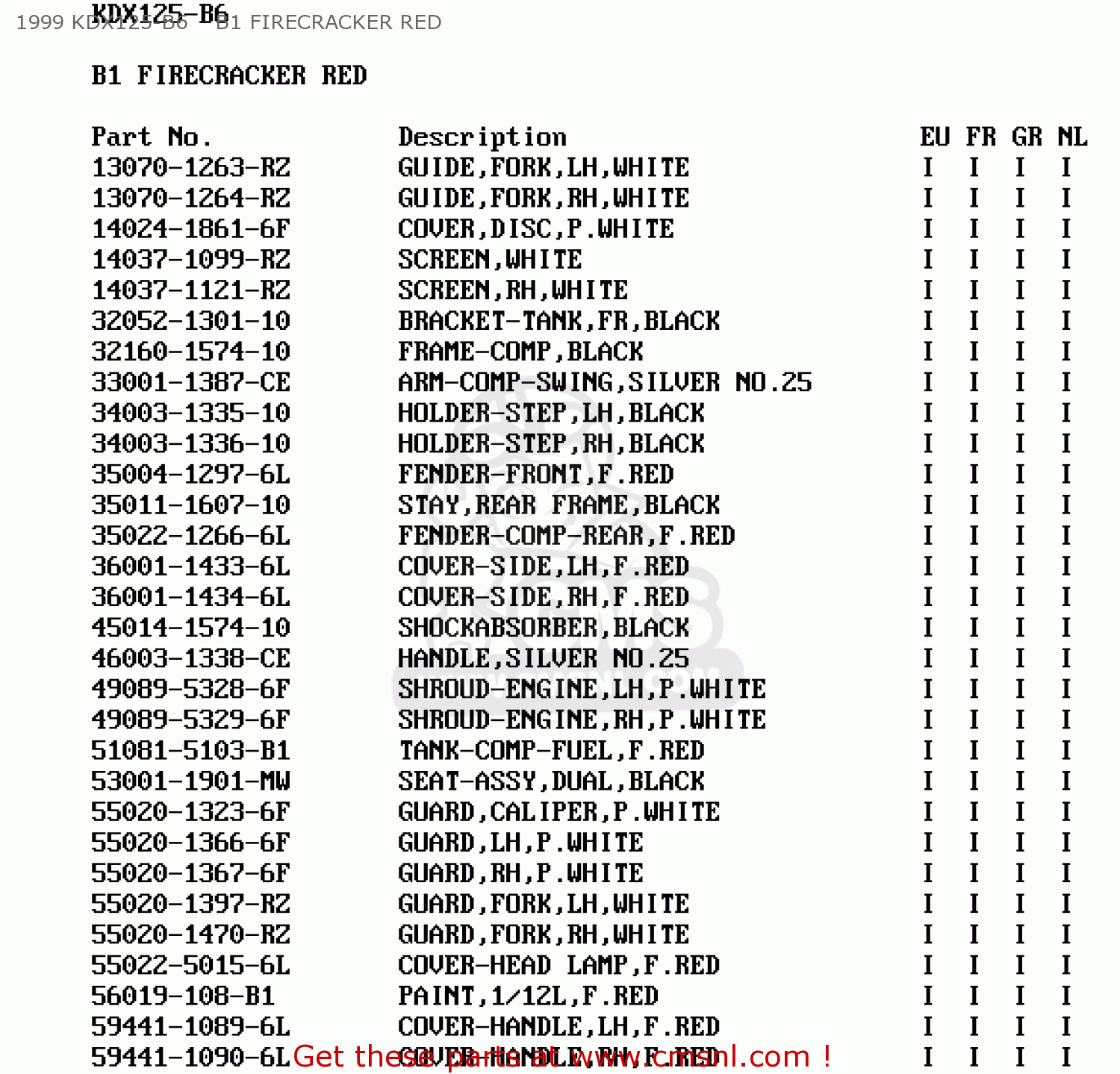 1999 KDX125-B6    B1 FIRECRACKER RED KDX125-B6 KDX125SR 1999 EUROPE FR NL GR