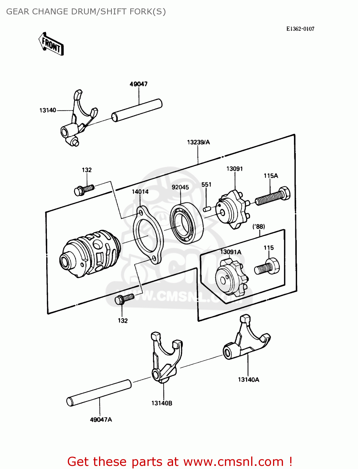 GEAR CHANGE DRUM/SHIFT FORK(S) KDX200-C1 1986 USA CANADA