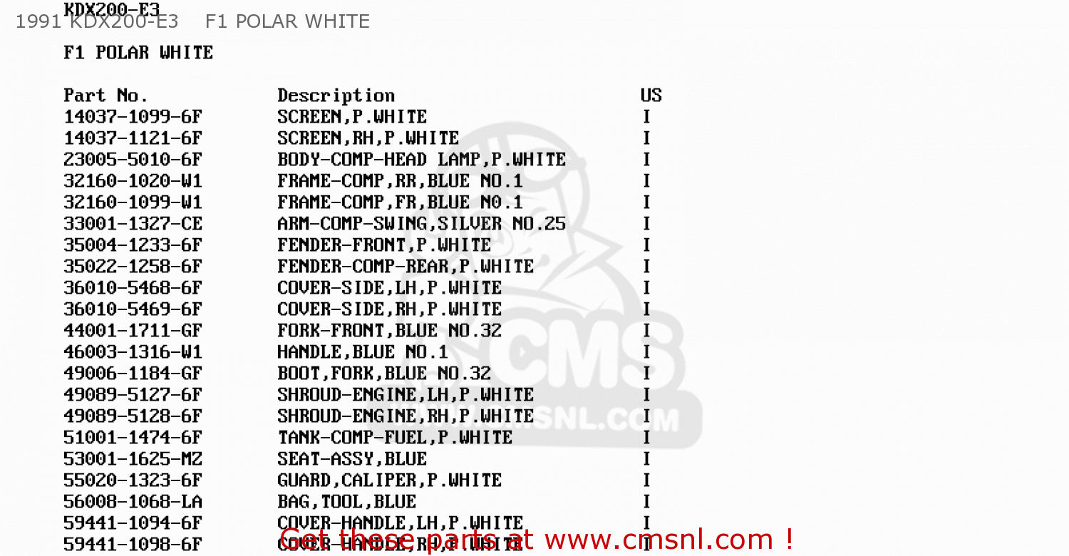 1991 KDX200-E3    F1 POLAR WHITE KDX200-E1 1989 USA CANADA