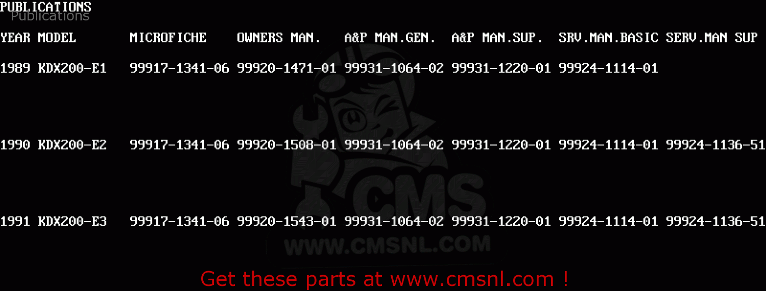 Publications KDX200-E1 1989 USA CANADA