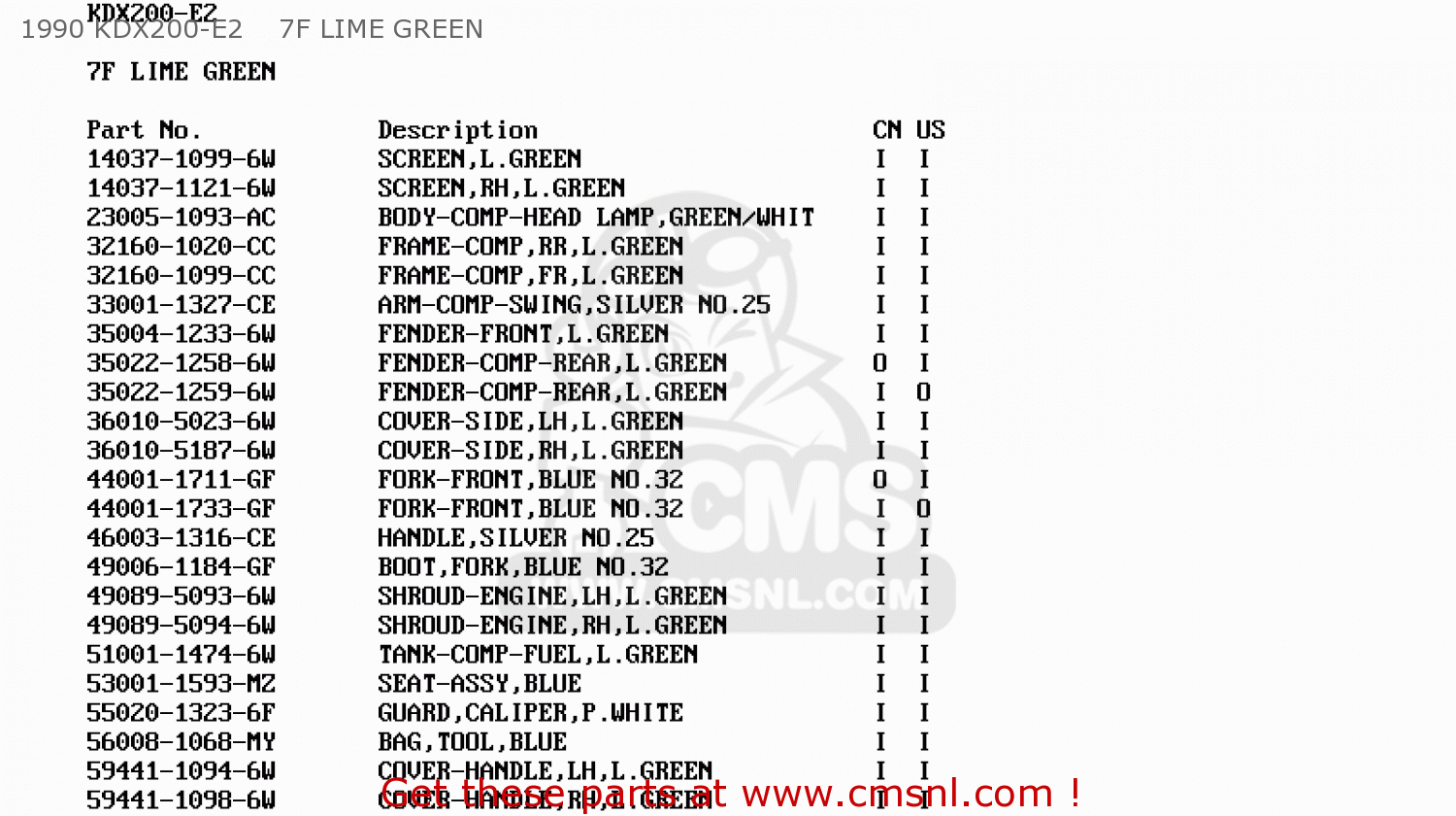 1990 KDX200-E2    7F LIME GREEN KDX200-E2 1990 USA CANADA