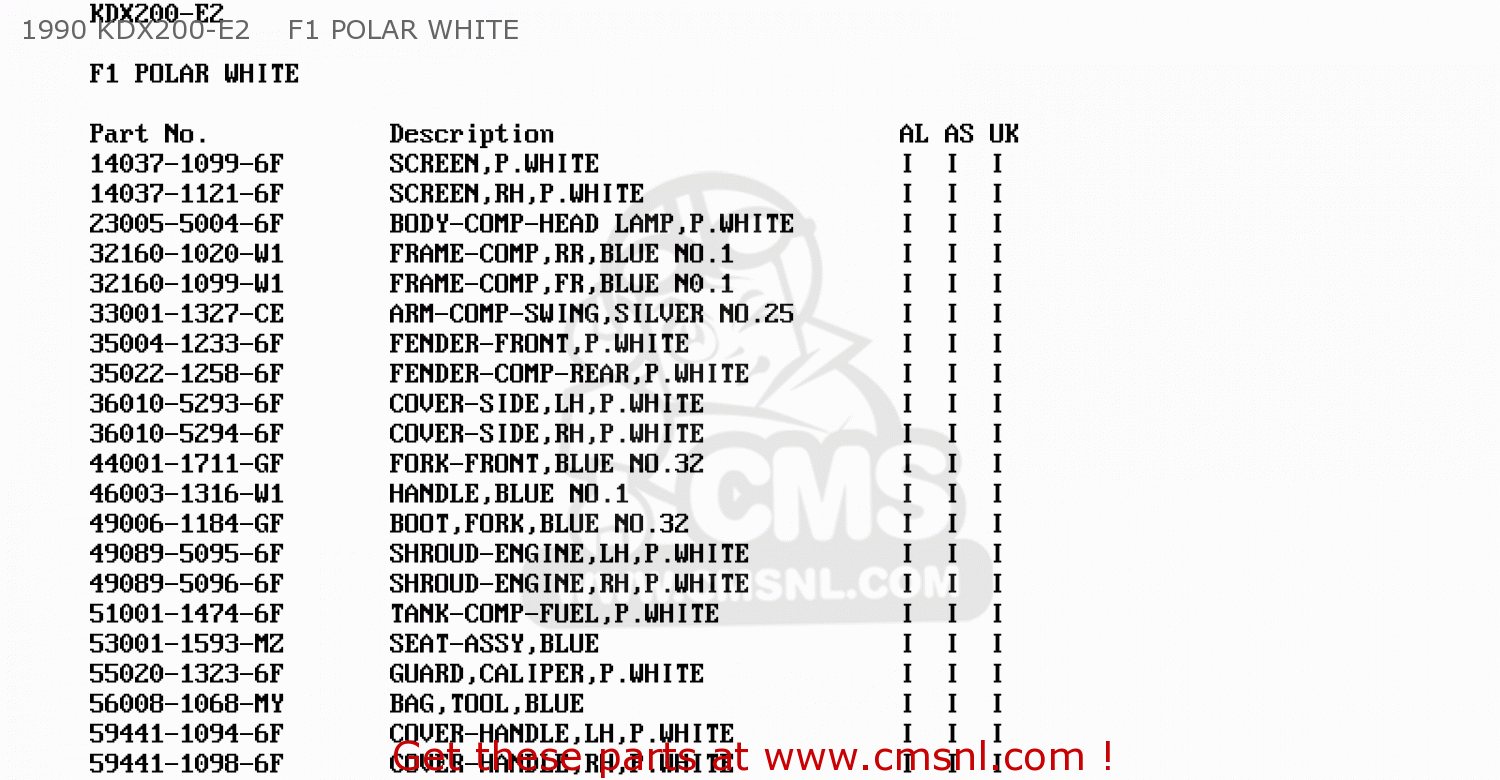 1990 KDX200-E2    F1 POLAR WHITE KDX200-E3 1991 UNITED KINGDOM AL