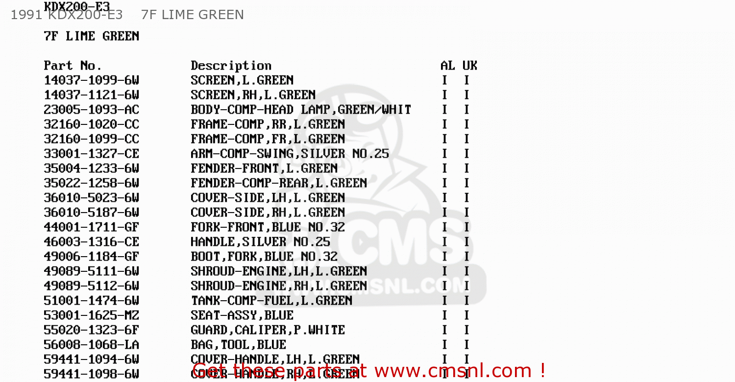 1991 KDX200-E3    7F LIME GREEN KDX200-E3 1991 UNITED KINGDOM AL