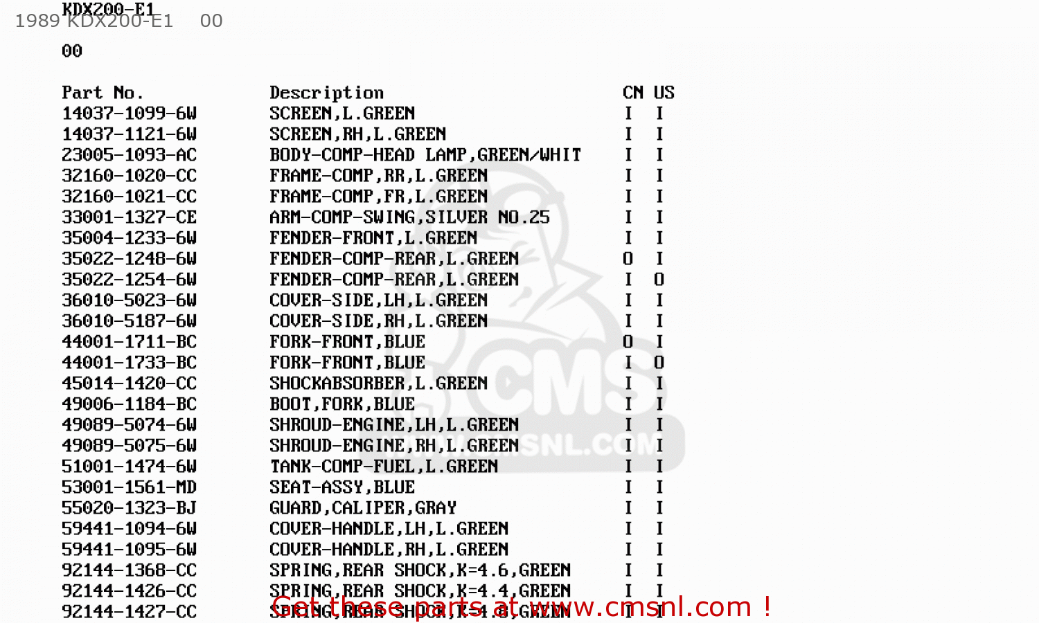 1989 KDX200-E1    00 KDX200-E3 1991 USA CANADA