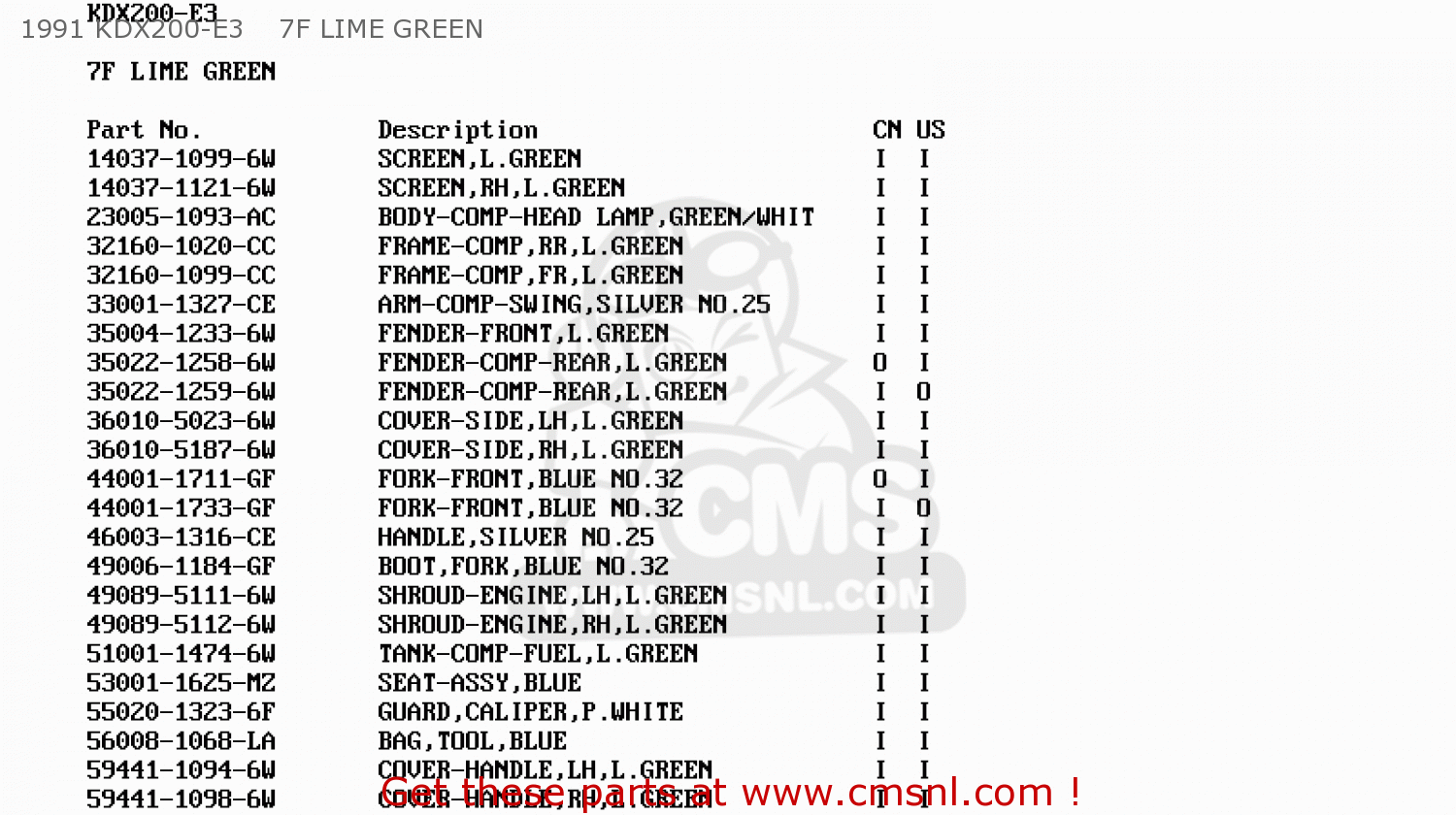 1991 KDX200-E3    7F LIME GREEN KDX200-E3 1991 USA CANADA
