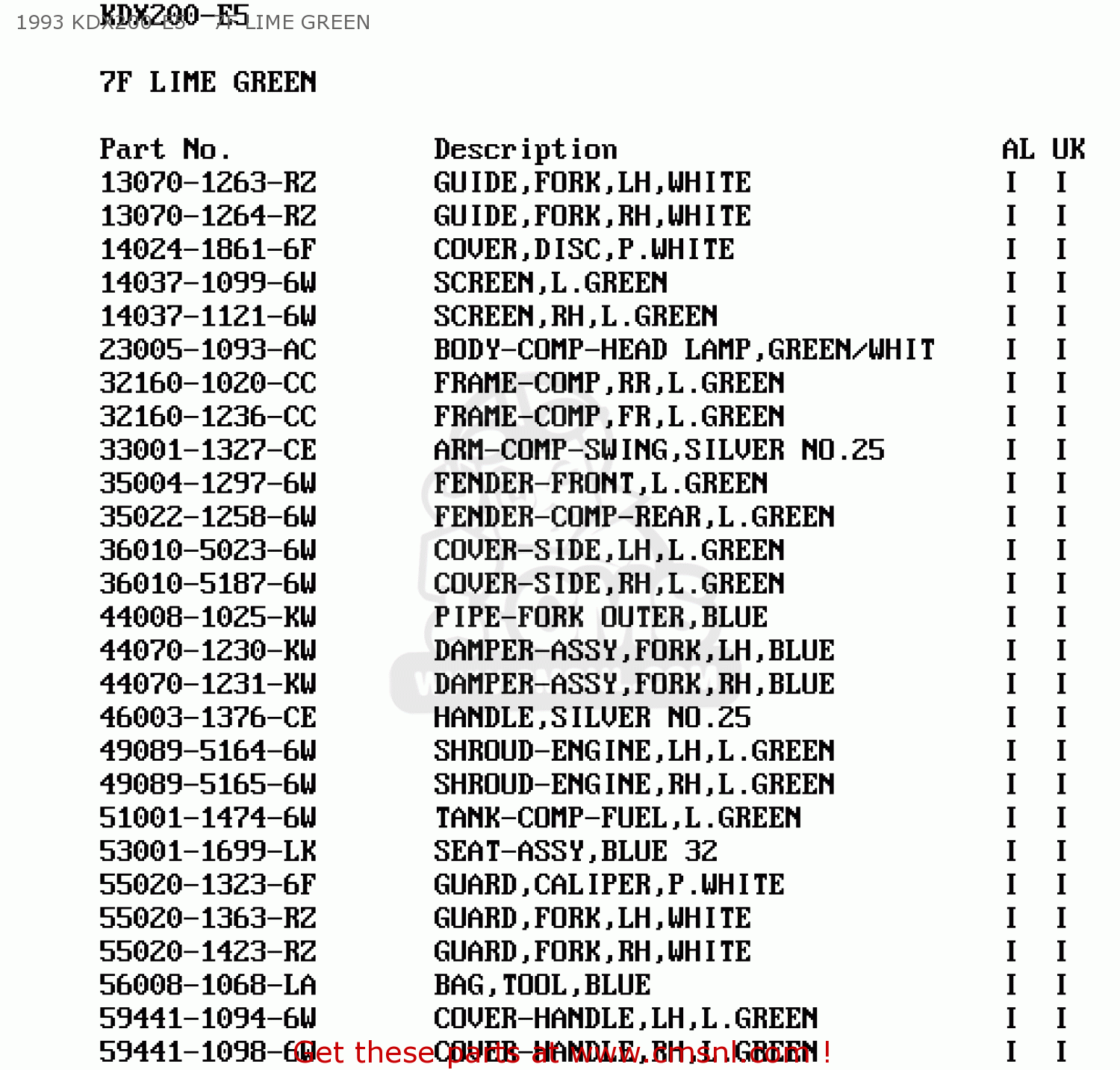 1993 KDX200-E5    7F LIME GREEN KDX200-E5 1993 UNITED KINGDOM AL
