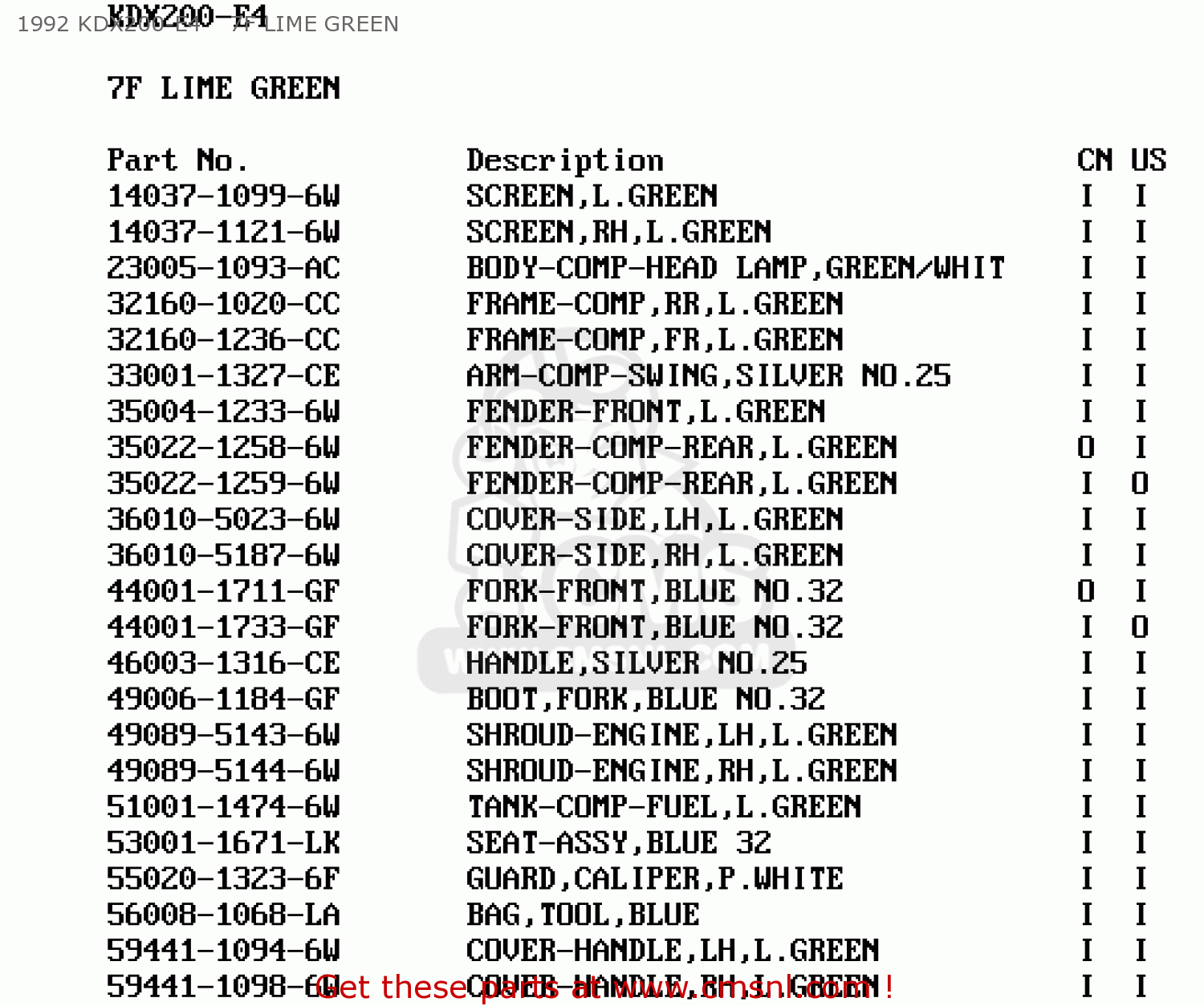 1992 KDX200-E4    7F LIME GREEN KDX200-E5 1993 USA CANADA