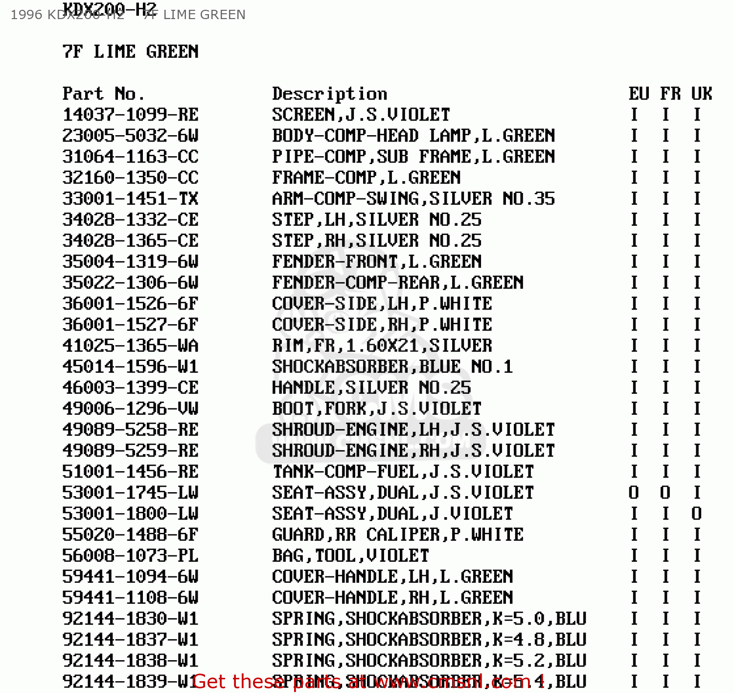 1996 KDX200-H2    7F LIME GREEN KDX200-H2 1996 EUROPE UK FR