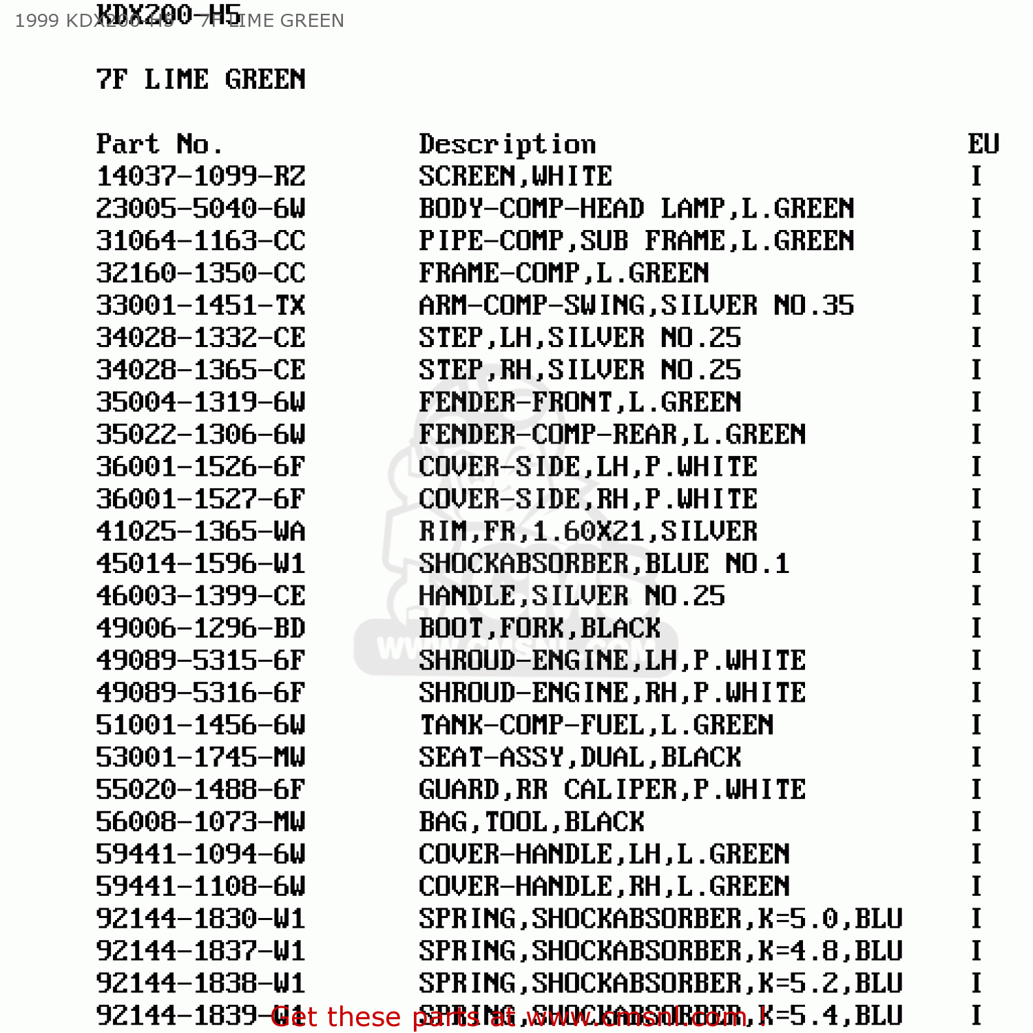 1999 KDX200-H5    7F LIME GREEN KDX200-H2 1996 EUROPE UK FR