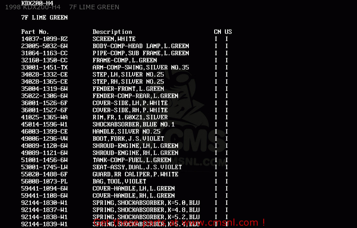 1998 KDX200-H4    7F LIME GREEN KDX200-H2 1996 USA CANADA