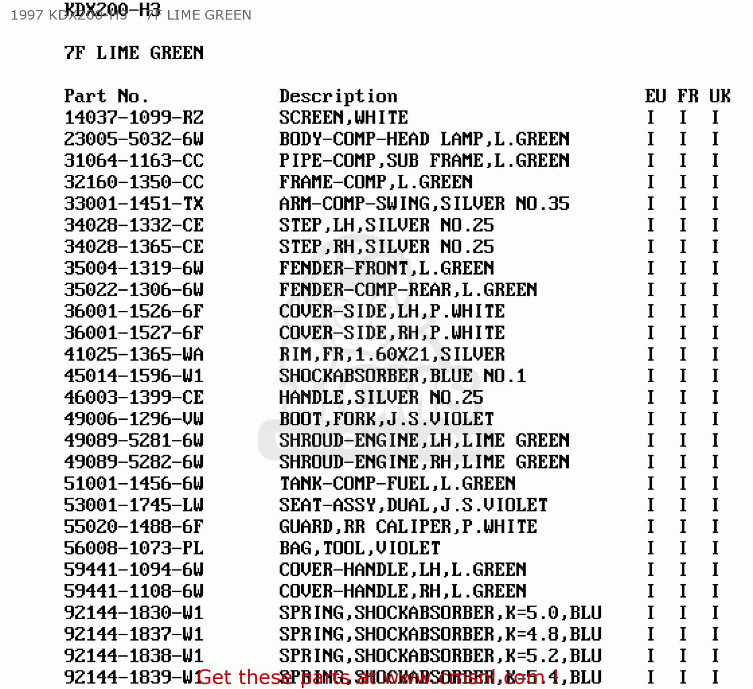 1997 KDX200-H3    7F LIME GREEN KDX200-H3 1997 EUROPE UK FR