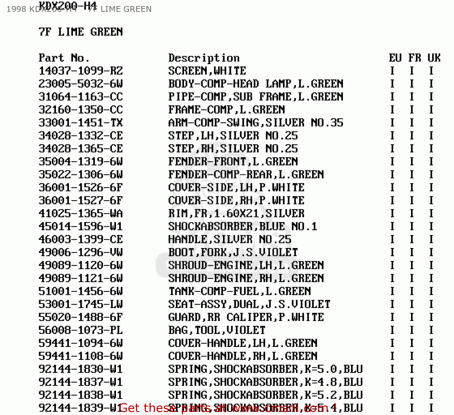 1998 KDX200-H4    7F LIME GREEN KDX200-H4 1998 EUROPE UK FR