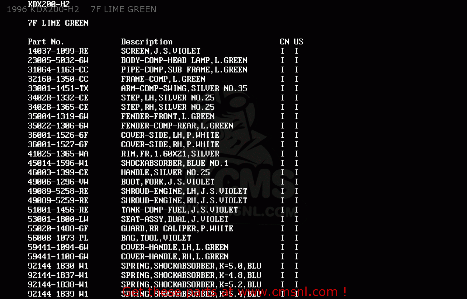 1996 KDX200-H2    7F LIME GREEN KDX200-H4 1998 USA CANADA