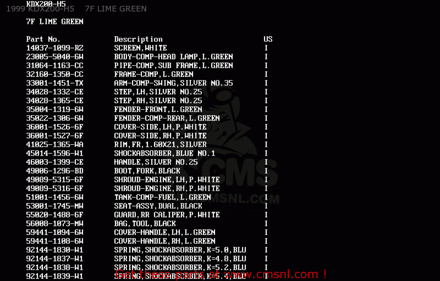 1999 KDX200-H5    7F LIME GREEN KDX200-H4 1998 USA CANADA