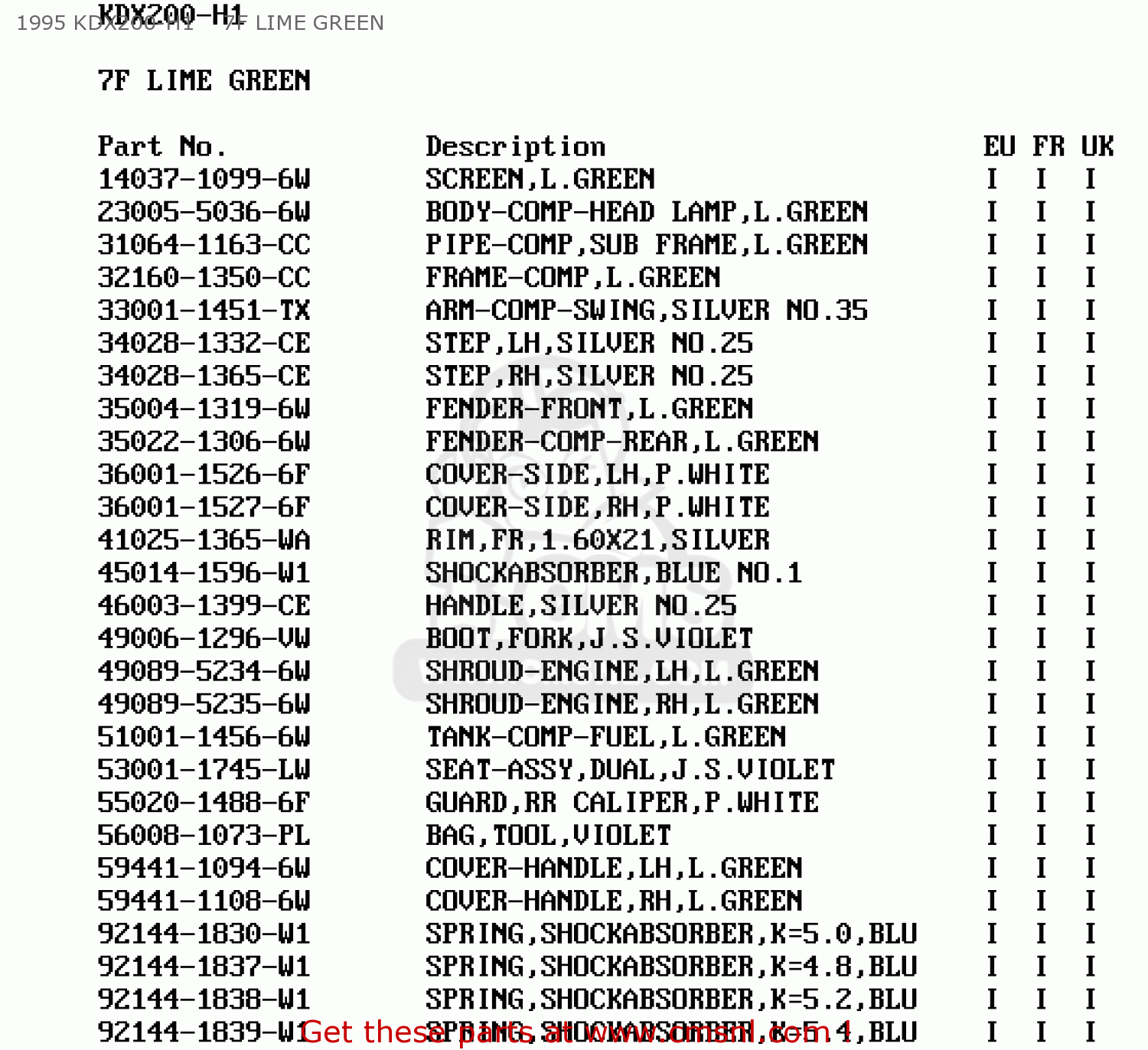1995 KDX200-H1    7F LIME GREEN KDX200-H5 1999 EUROPE