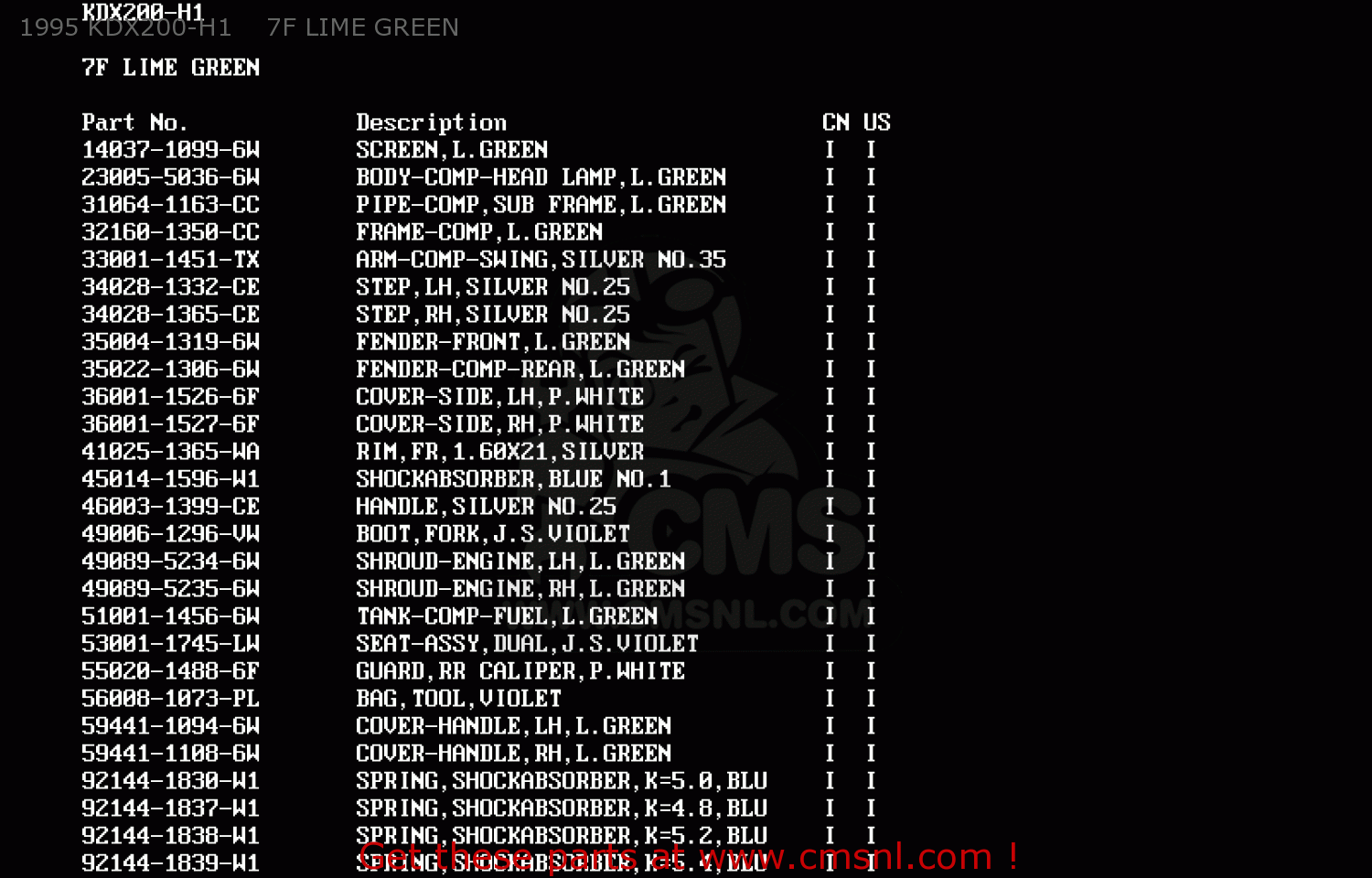 1995 KDX200-H1    7F LIME GREEN KDX200-H5 1999 USA