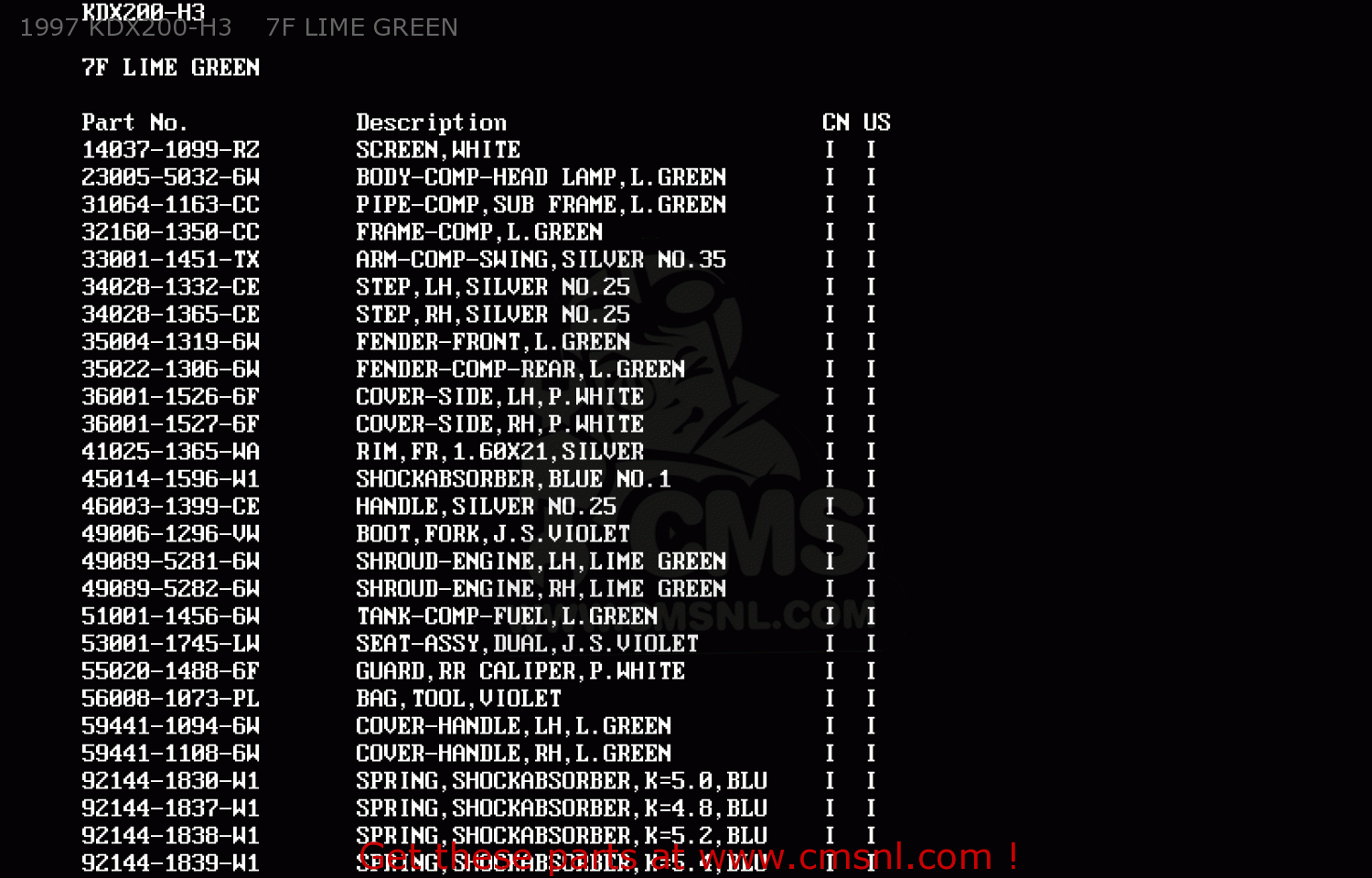 1997 KDX200-H3    7F LIME GREEN KDX200-H5 1999 USA