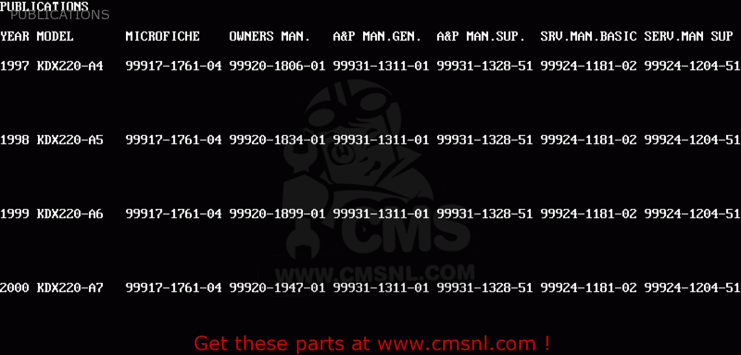 PUBLICATIONS KDX220-A5 KDX220R 1998 USA CANADA
