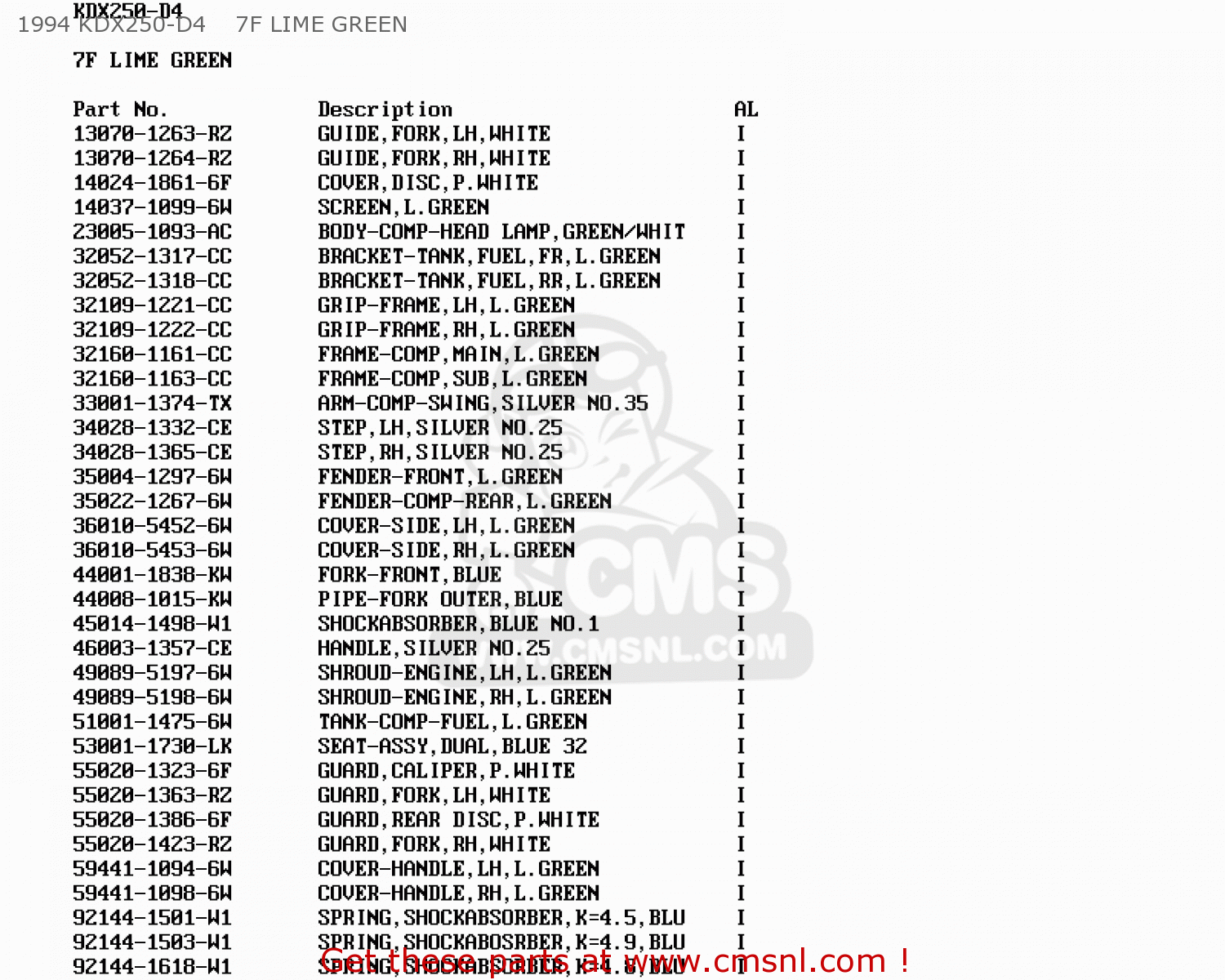 1994 KDX250-D4    7F LIME GREEN KDX250-D1 1991 UNITED KINGDOM AL