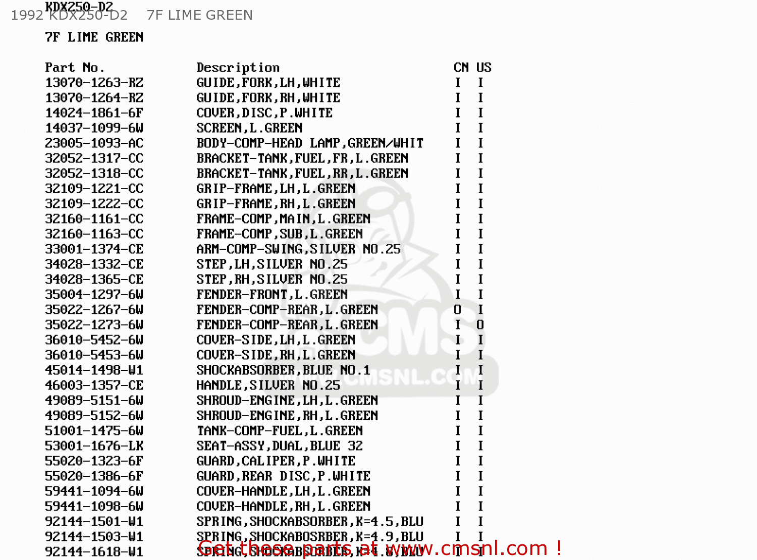1992 KDX250-D2    7F LIME GREEN KDX250-D1 1991 USA CANADA