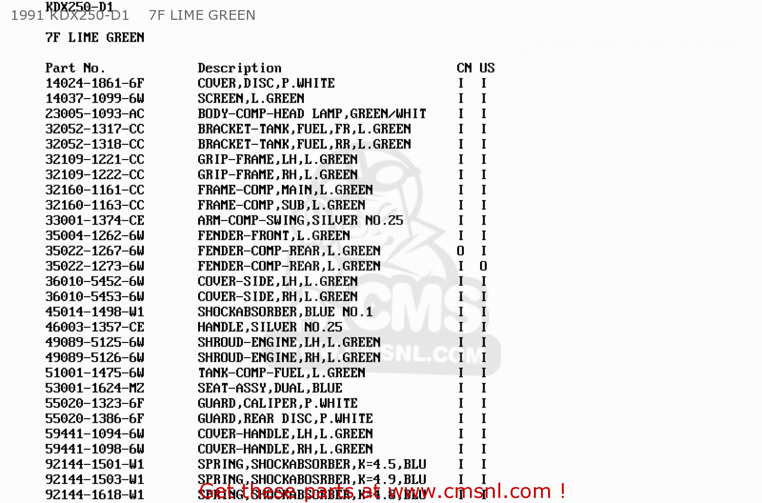 1991 KDX250-D1    7F LIME GREEN KDX250-D2 1992 USA CANADA