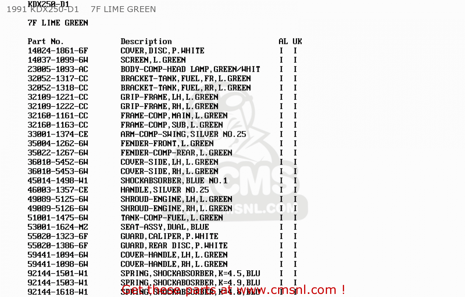 1991 KDX250-D1    7F LIME GREEN KDX250-D4 1994 AL