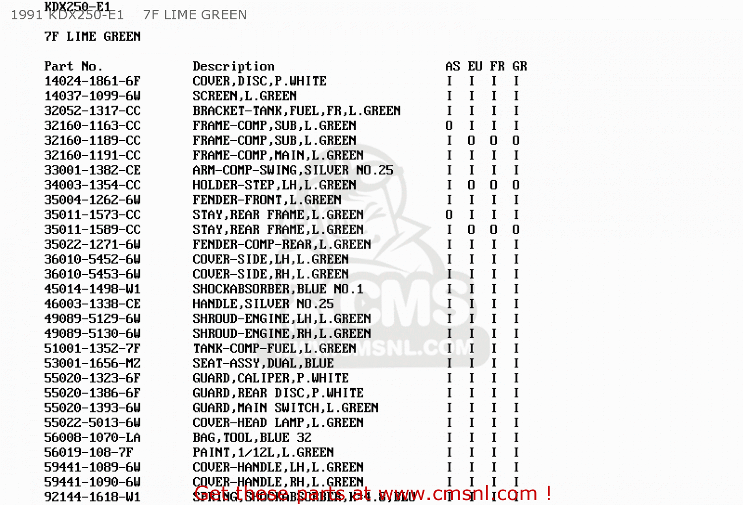 1991 KDX250-E1    7F LIME GREEN KDX250-E1 1991 EUROPE FR GR AS