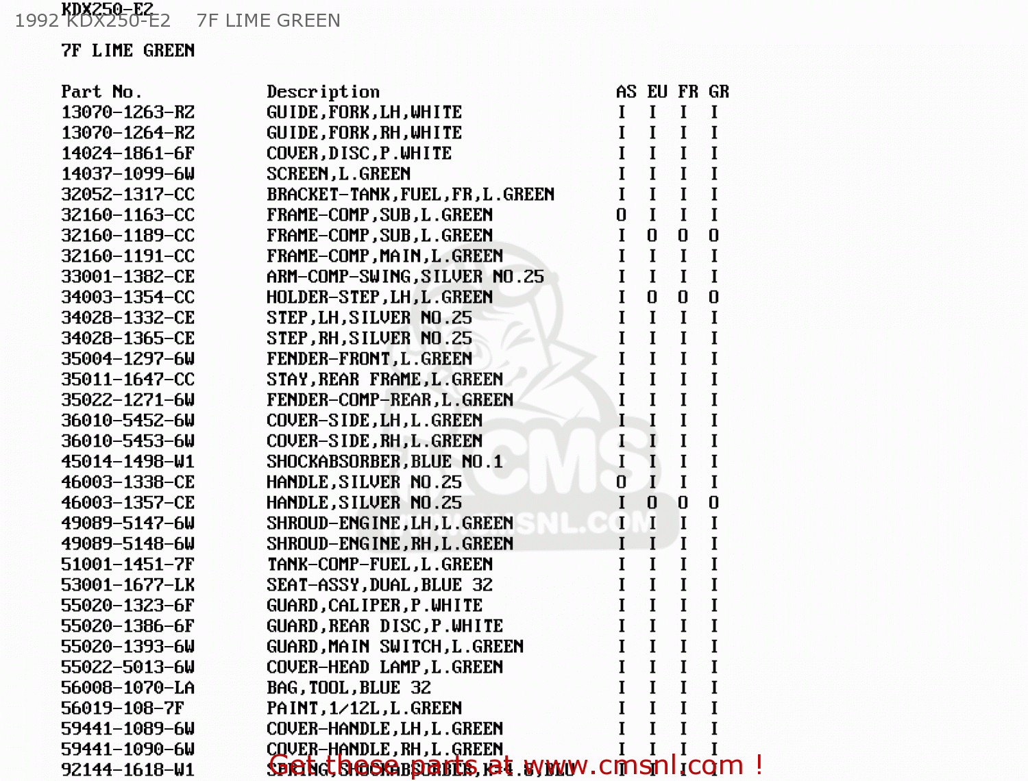 1992 KDX250-E2    7F LIME GREEN KDX250-E1 1991 EUROPE FR GR AS