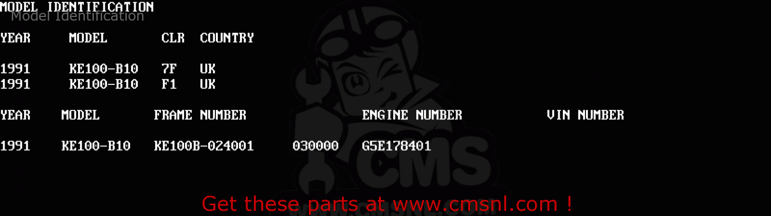 Model Identification KE100-B10 1991 UNITED KINGDOM