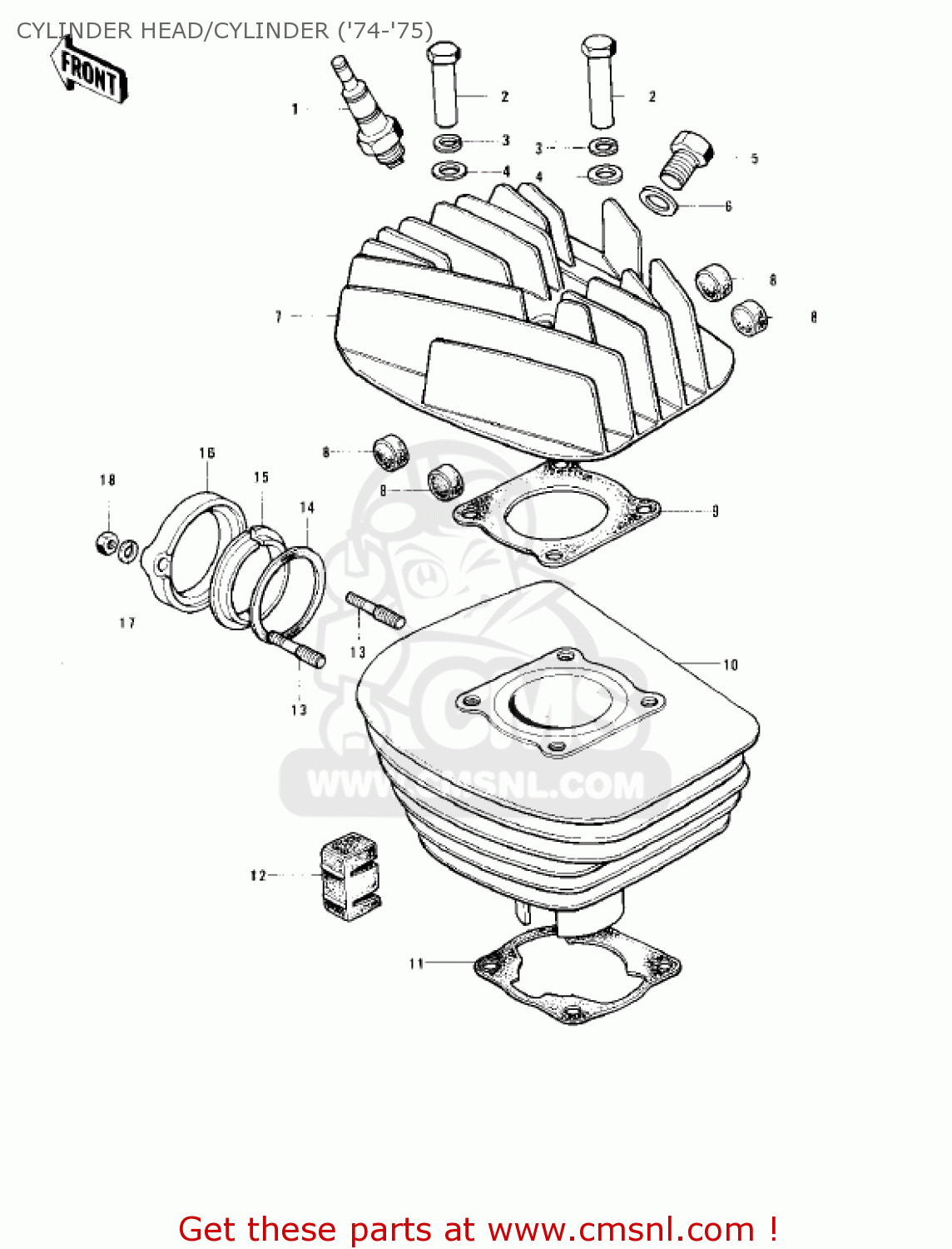 CYLINDER HEAD/CYLINDER ('74-'75) KE125-A3 KE125 1976 USA CANADA
