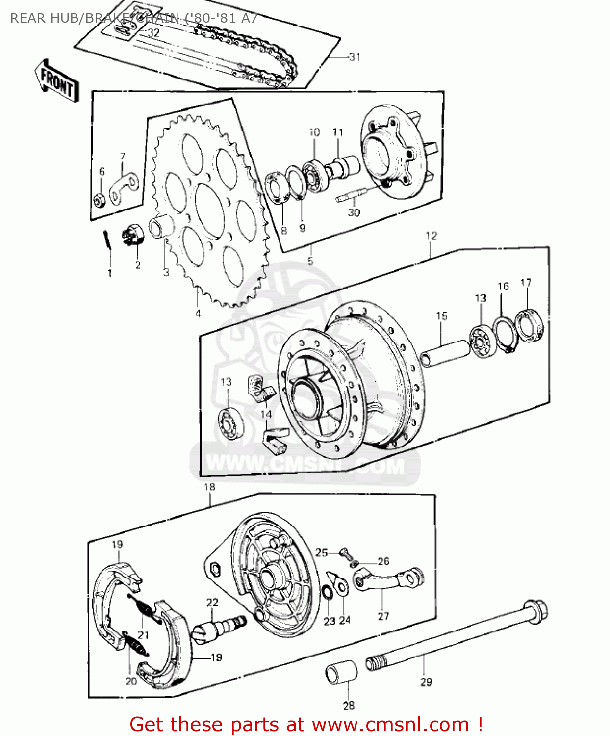 REAR HUB/BRAKE/CHAIN ('80-'81 A7 KE125-A9 KE125 1982 USA CANADA