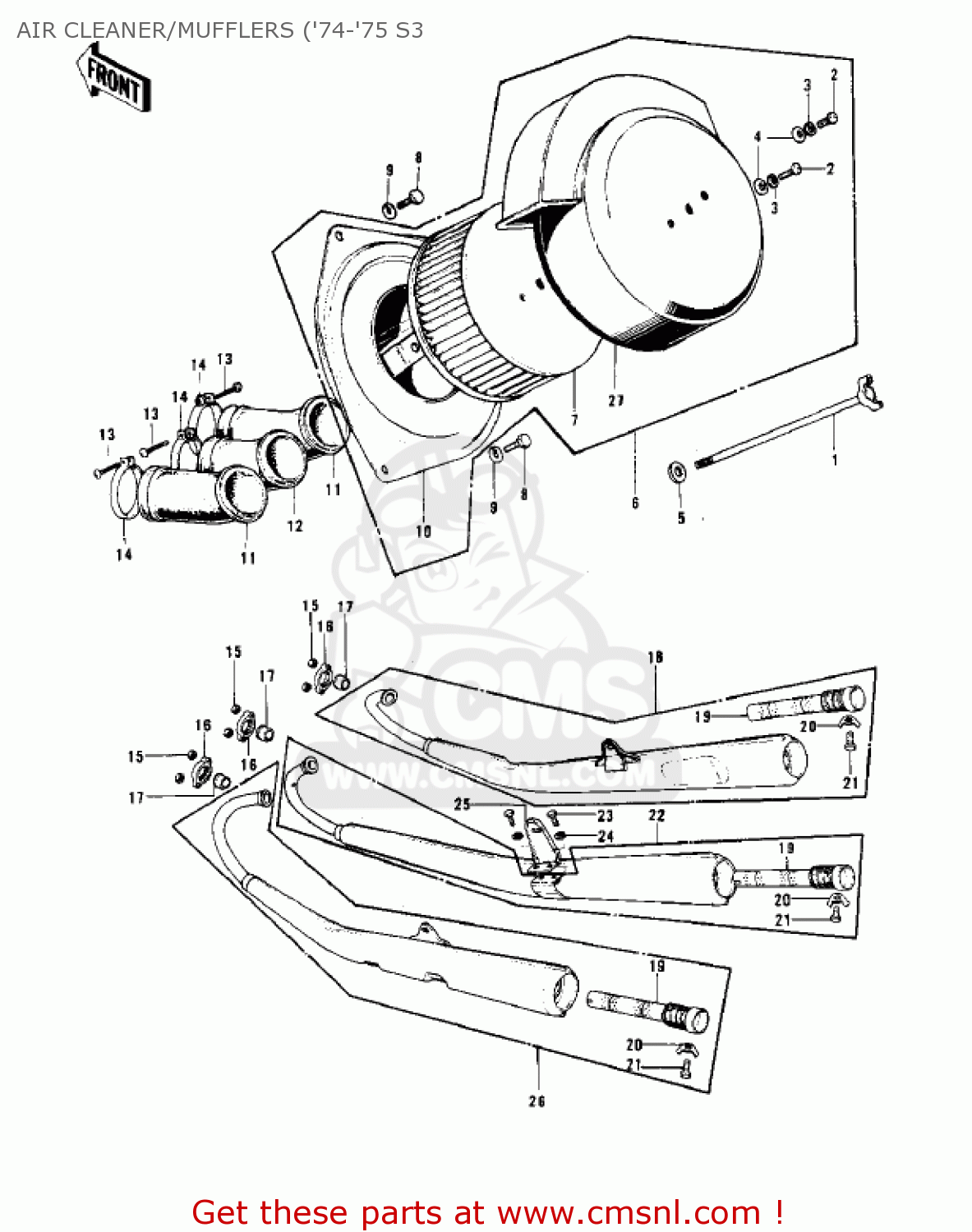 AIR CLEANER/MUFFLERS ('74-'75 S3 KH400A3 1976 USA CALIFORNIA