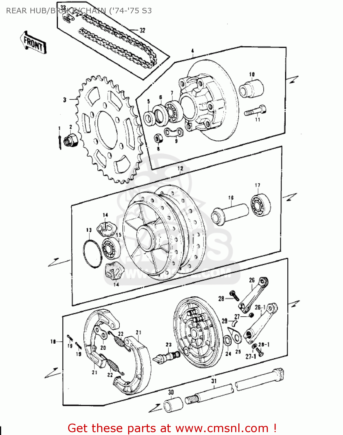 REAR HUB/BRAKE/CHAIN ('74-'75 S3 KH400A4 1977 USA CALIFORNIA