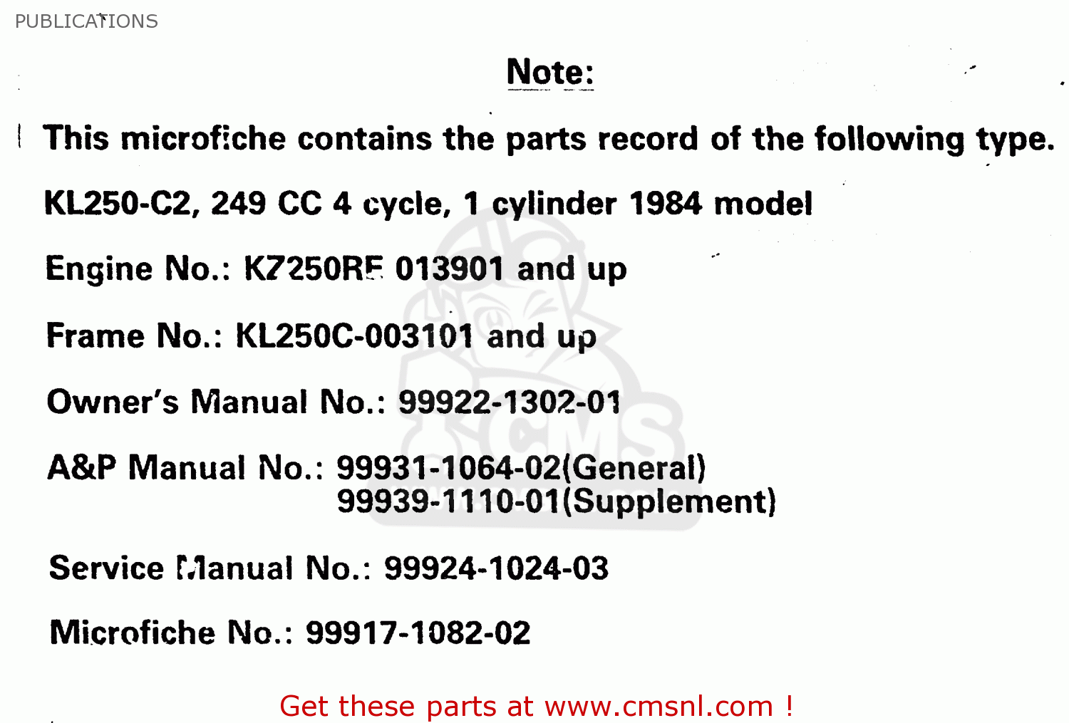 PUBLICATIONS KL250C1 1983 EUROPE UK IT NR